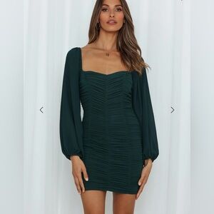 Hello Molly Luxury Love Dark Green Long Sleeve Ruched Dress Size Small